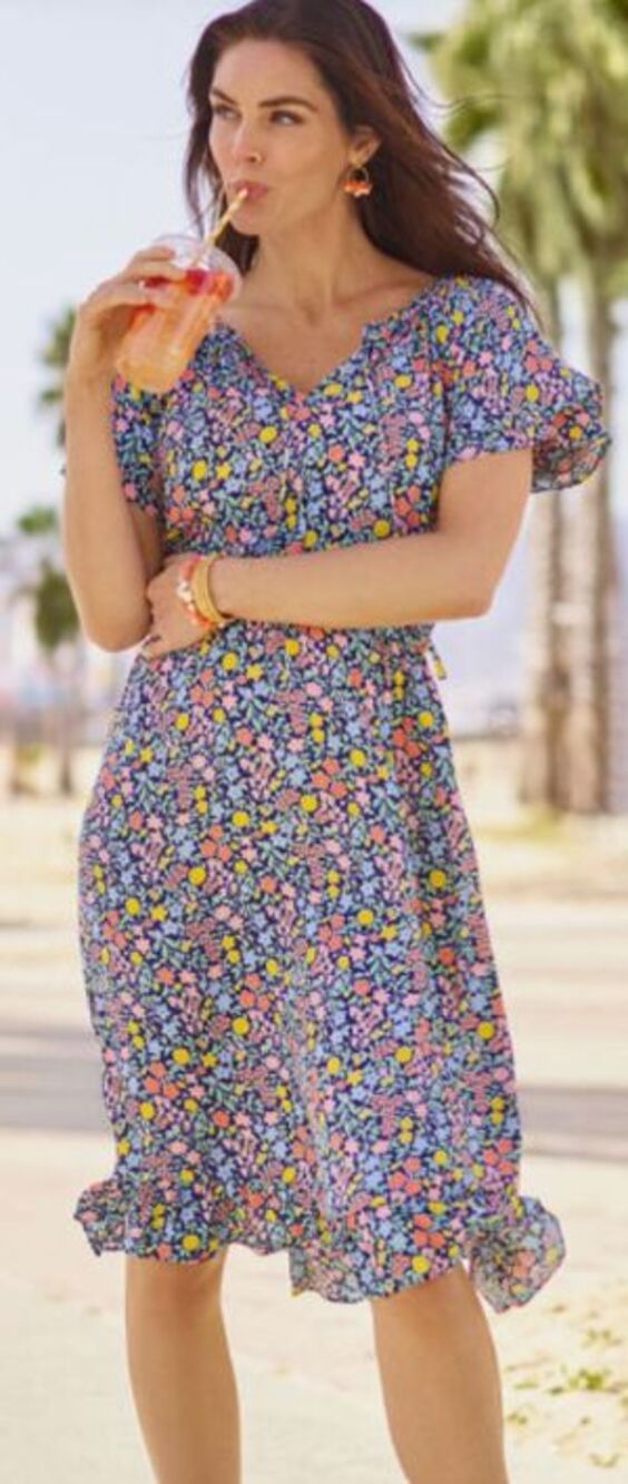 Talbots Midi Dress Womens 14 Floral Gathered Tie Neck Ditsy Flutter Flowy Beach